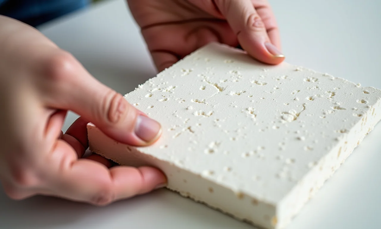 Mãos segurando amostra de gesso 3D autocolante da 'Gesso Mania', destacando a textura.