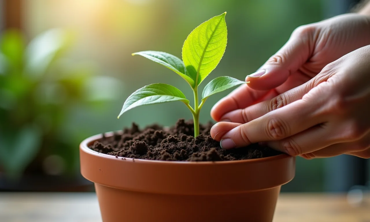 Mãos verificando a umidade do solo de planta em vaso.
