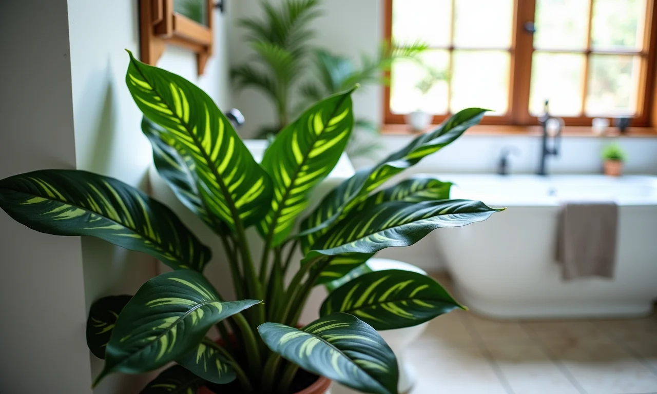 Maranta em um banheiro com folhas estampadas.