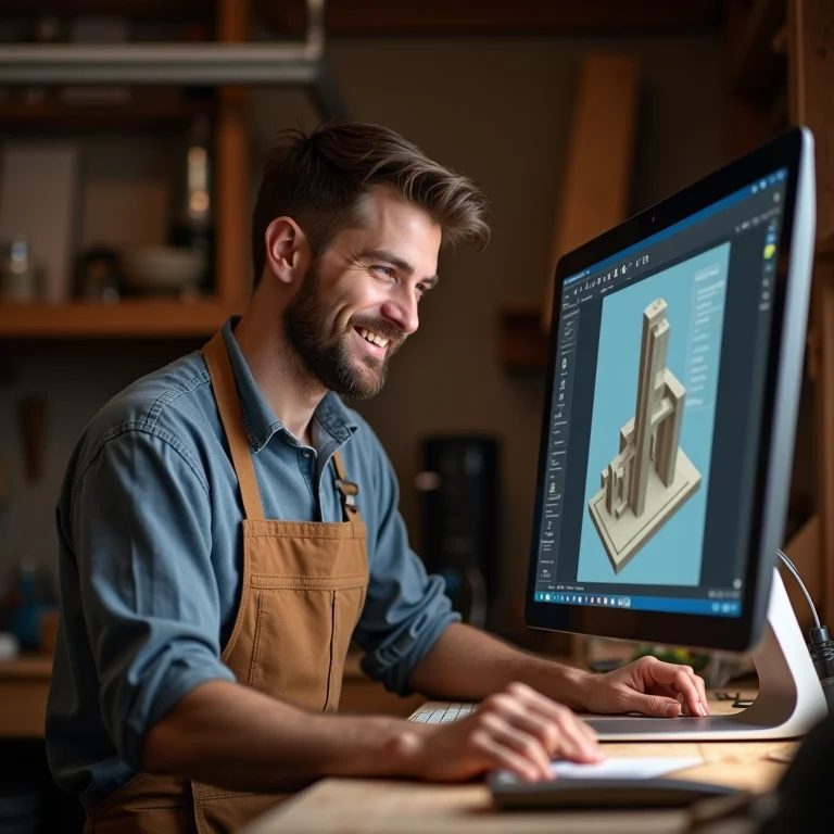 Marceneiro usando software de design 3D em oficina