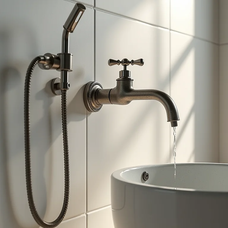 Materiais e acabamentos baratos e mal instalados em um banheiro.