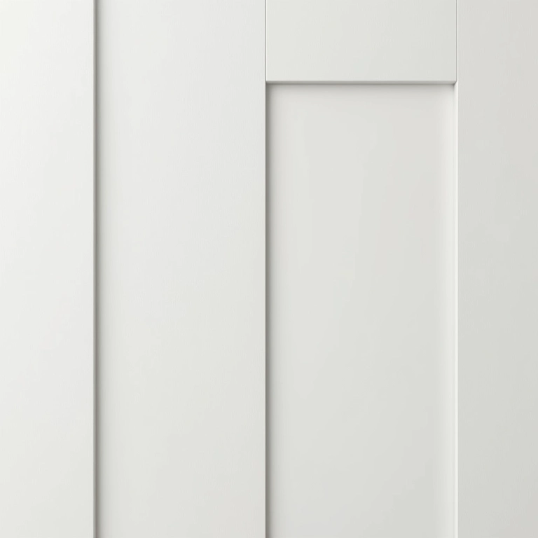 Materiais e acabamentos de armários brancos.