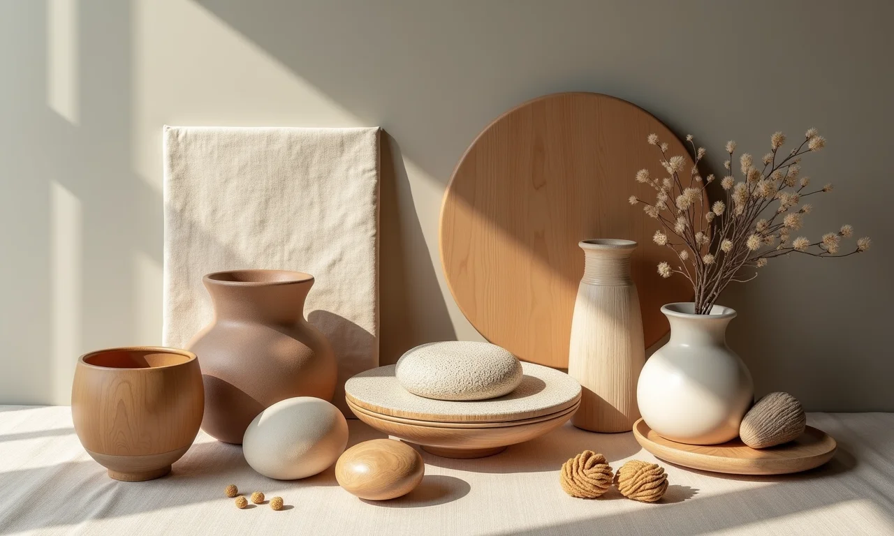 Materiais mais usados na decoração wabi-sabi: madeira, argila, linho e papel.