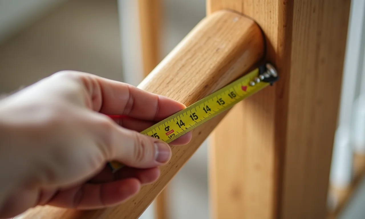 Medição da altura de um corrimão de madeira em uma escada, seguindo normas técnicas.