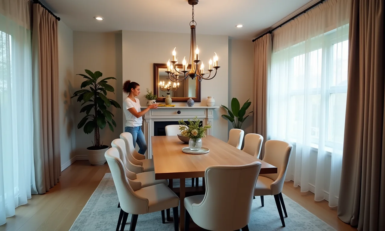 Medindo a altura ideal para instalar um lustre sobre a mesa de jantar.