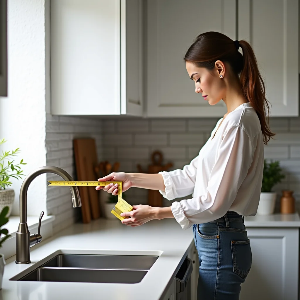 Medindo o espaço da cozinha para instalar a torneira.