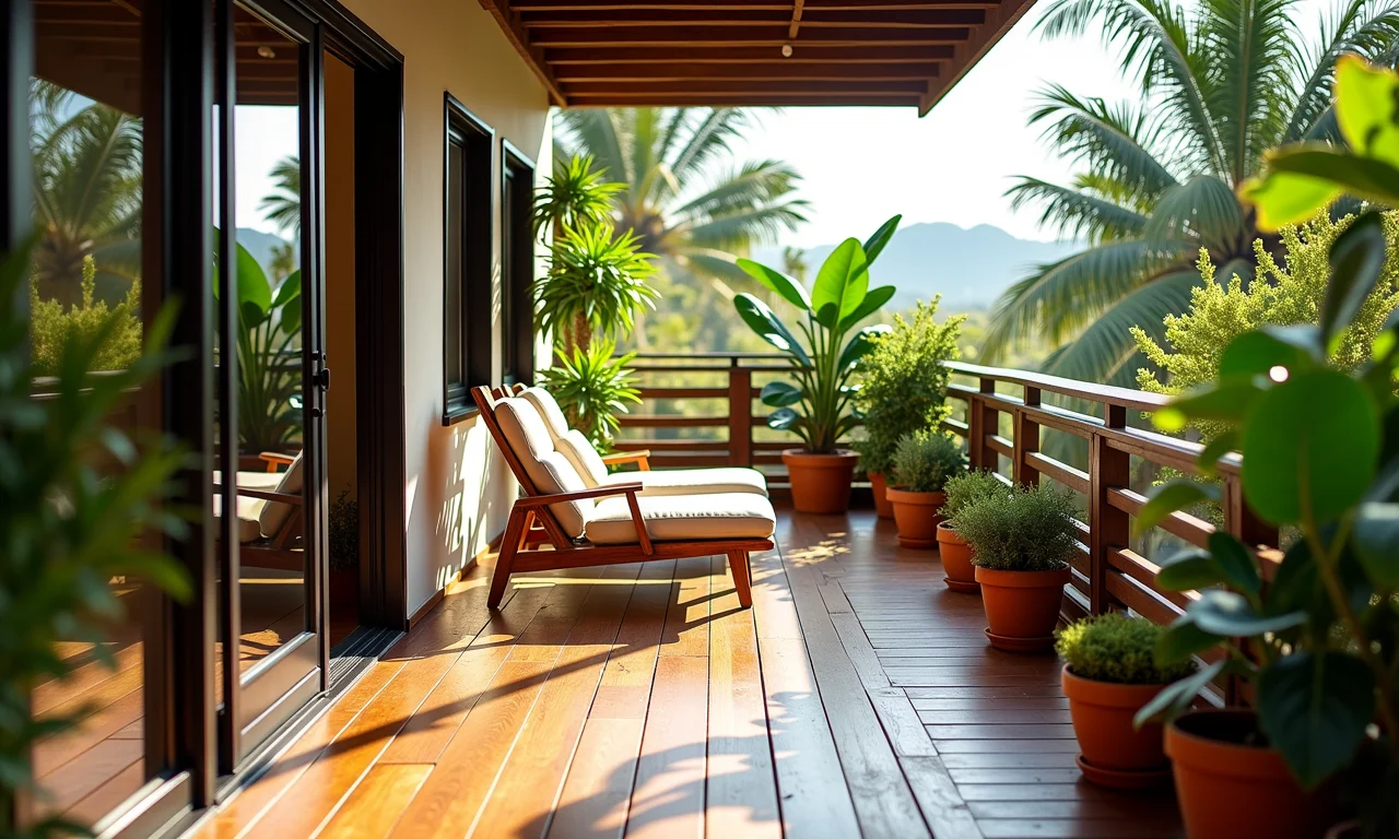 Melhor tipo de piso para varanda do home office: madeira, cerâmica, deck.