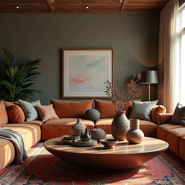 Mesa de centro com muitos acessórios decorativos em sala boho