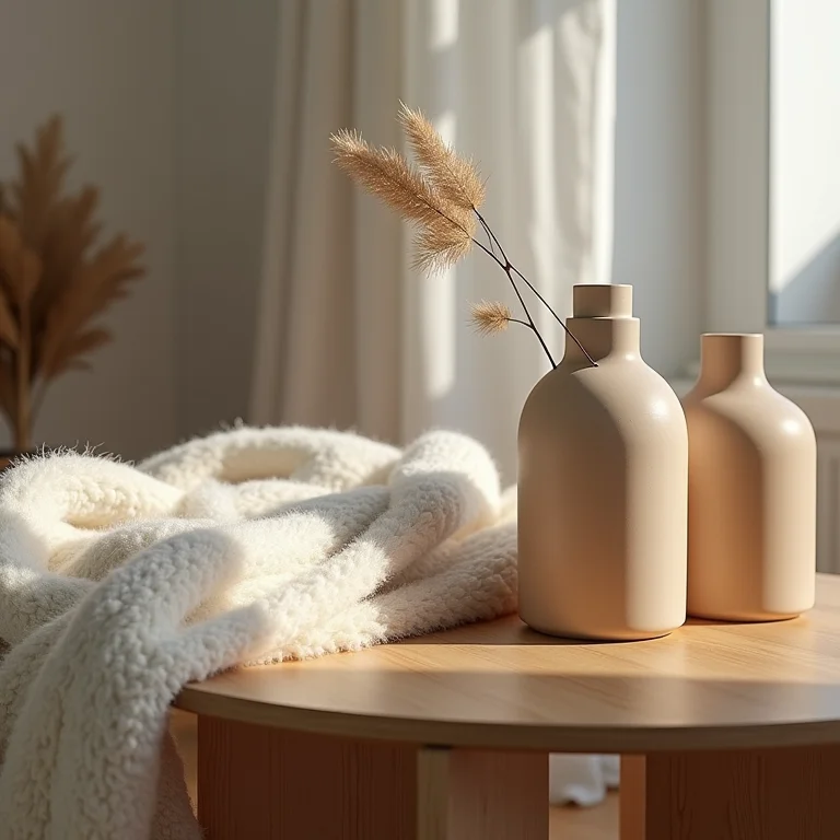 Mesa de centro de madeira com vaso de cerâmica e manta de lã.