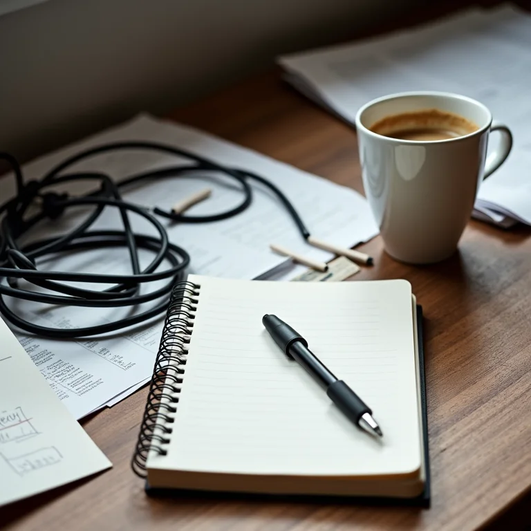 Mesa de home office pequena e desorganizada com cabos e papéis espalhados