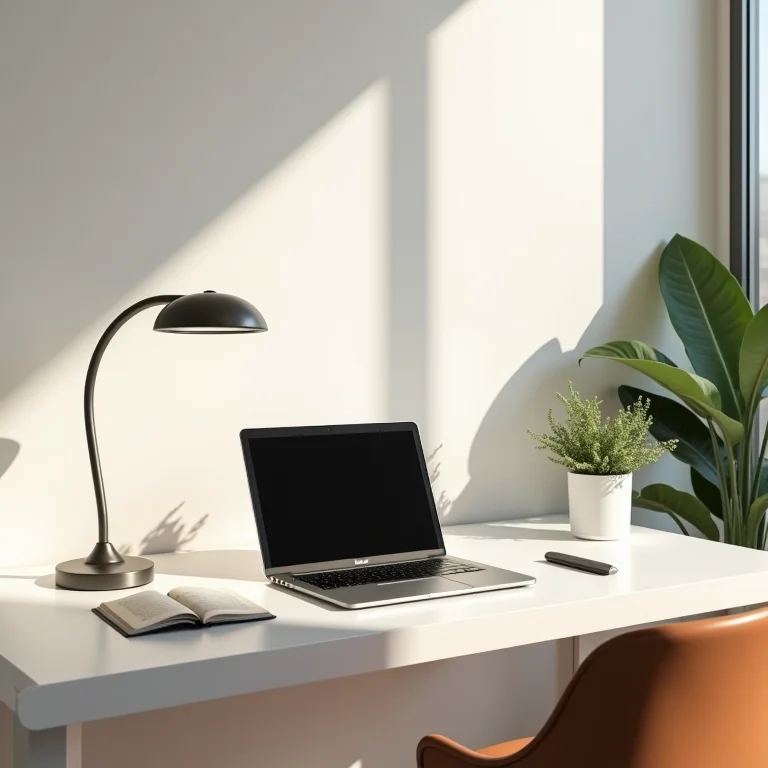 Mesa de home office pequena e organizada com iluminação suave