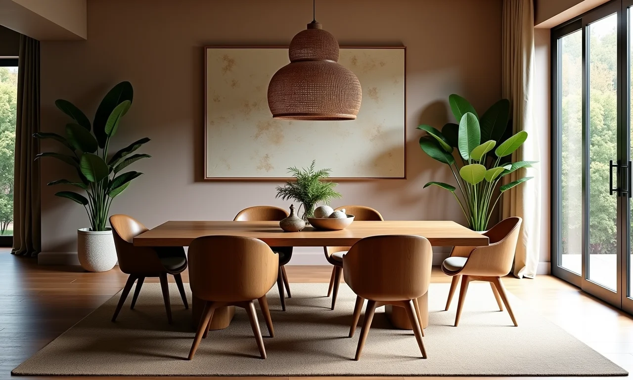 Mesa de jantar antiga com cadeiras modernas em proporção equilibrada.