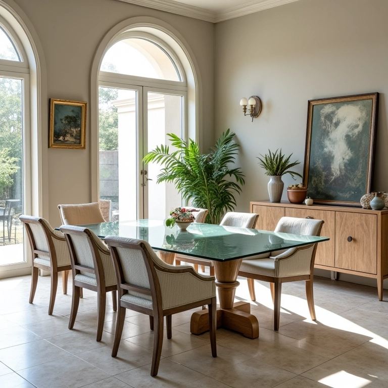 Mesa de jantar de vidro em casa de estilo clássico repaginado.