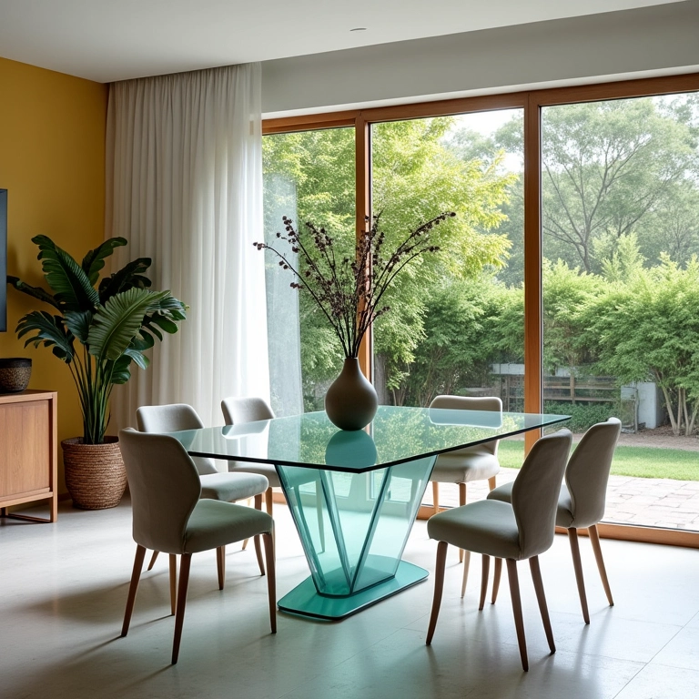 Mesa de jantar de vidro em sala de jantar moderna e iluminada.