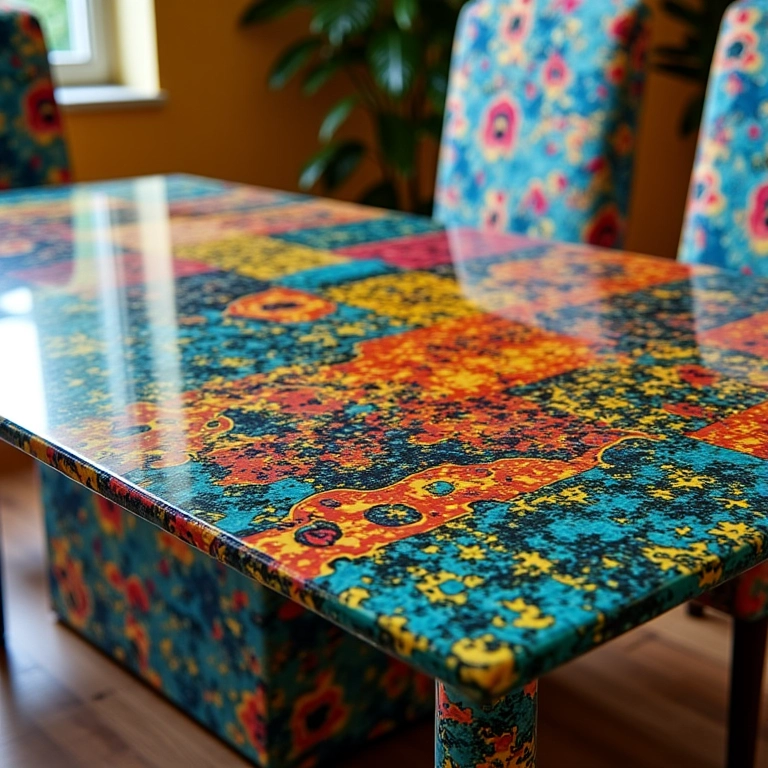 Mesa de jantar de vidro serigrafado com design colorido e ousado.