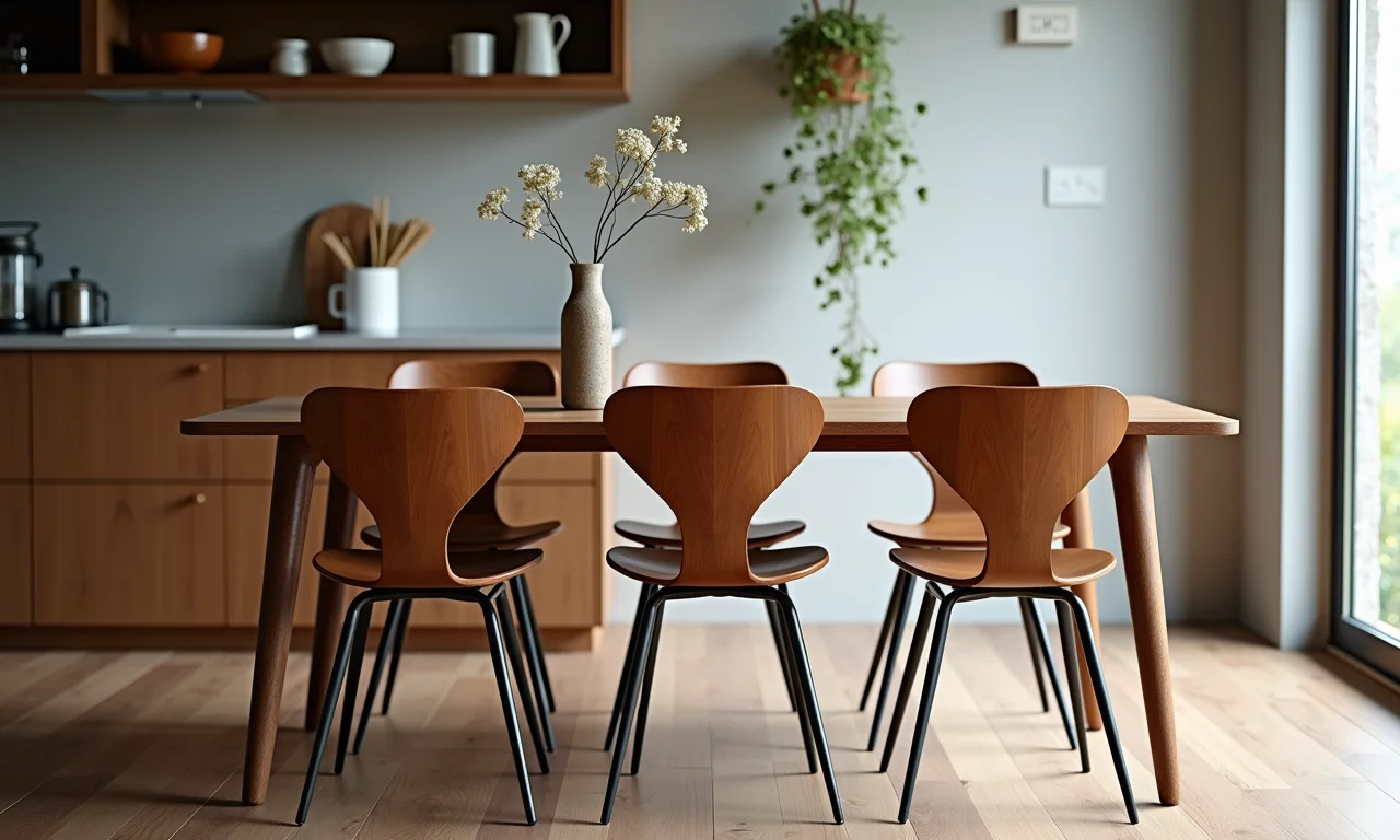 Mesa de jantar mid-century com cadeiras de madeira e pés palito.