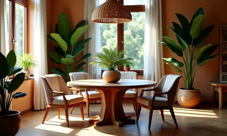 Mesa de jantar redonda em madeira com decoração aconchegante e luz natural.