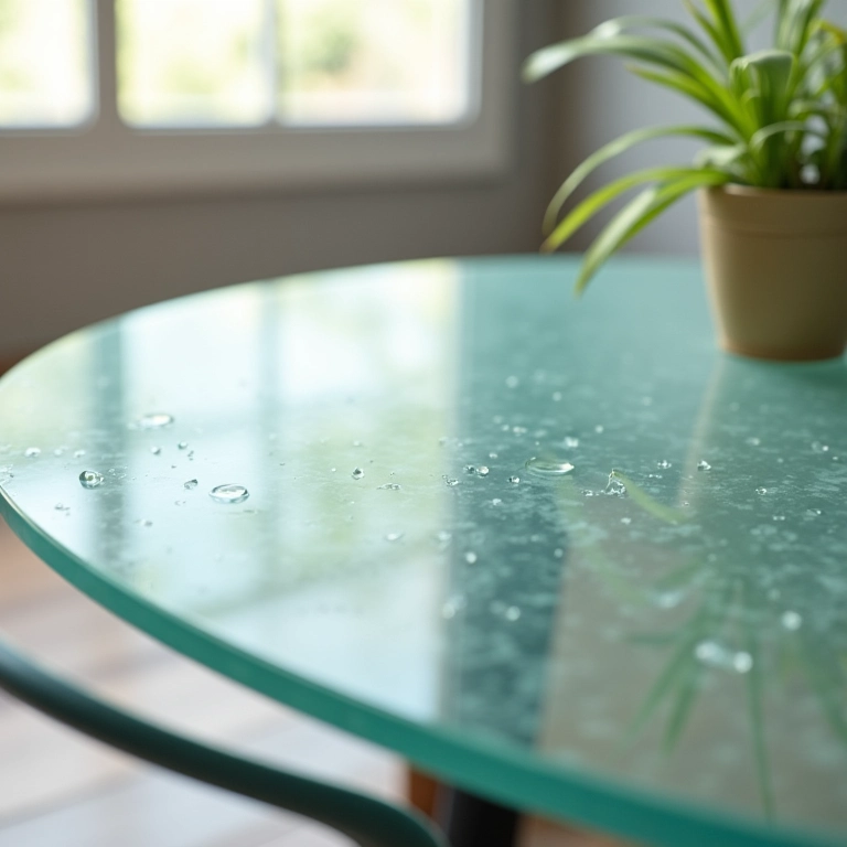 Mesa de jantar simples de vidro comum com imperfeições visíveis.