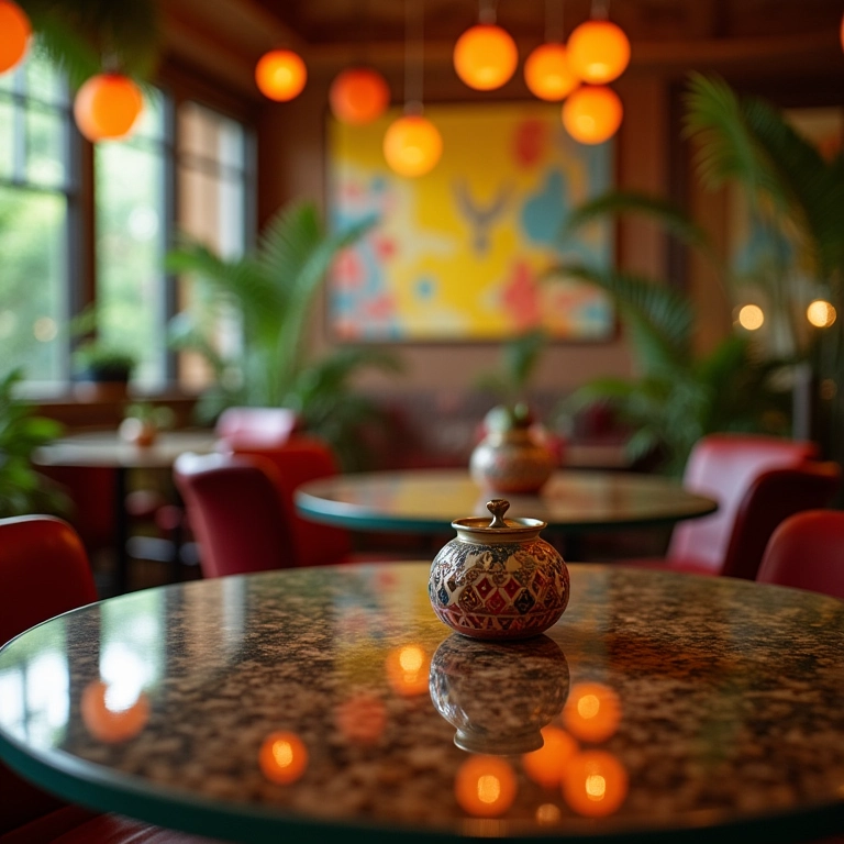 Mesa redonda de vidro refletindo a luz em sala de jantar aconchegante.