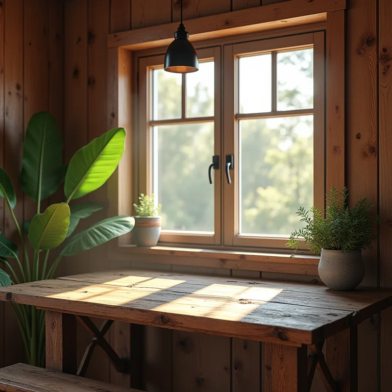 Mesa rústica de madeira com iluminação natural