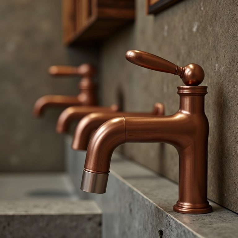 Metais em tons de cobre ou dourado em banheiro rústico.