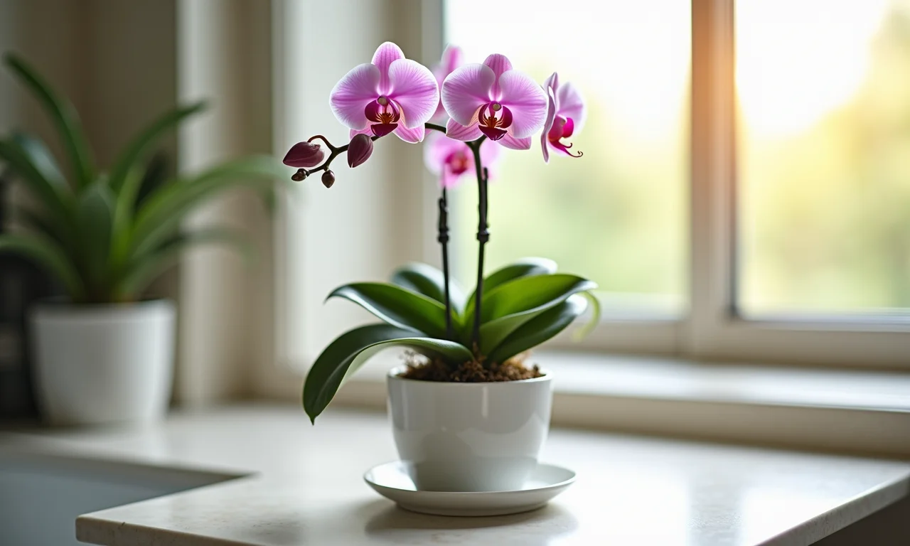 Mini orquídea branca delicada em um pequeno vaso.