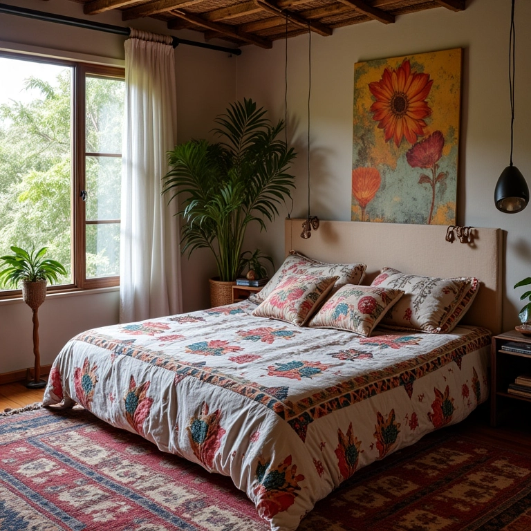 Mistura de estampas e texturas em quarto boho.