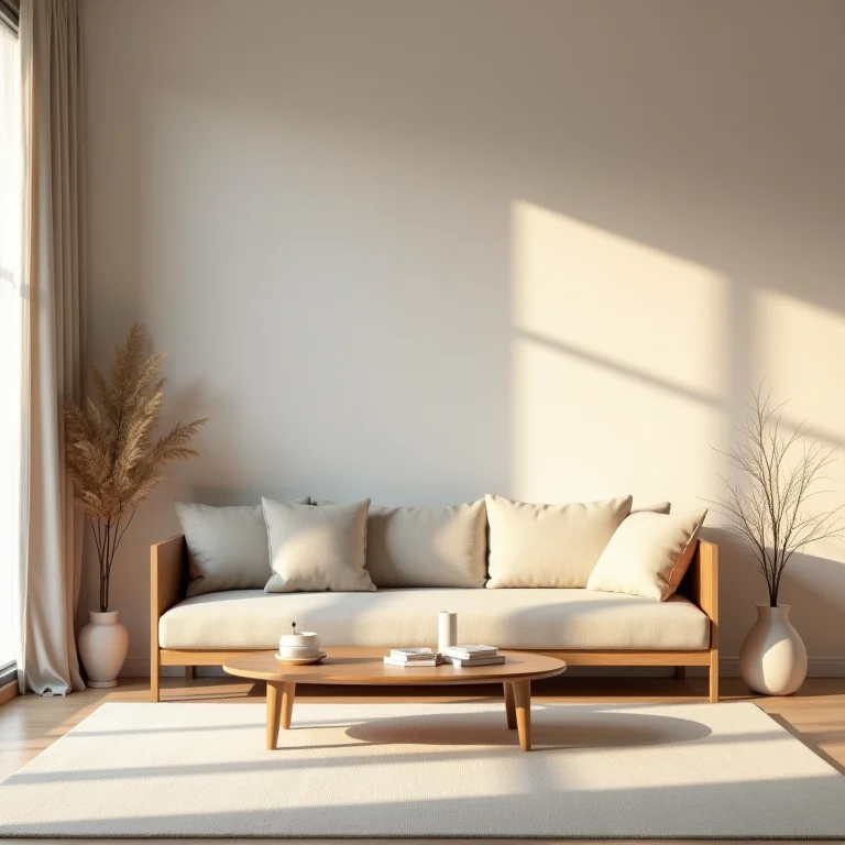 Mobiliário simples e funcional em uma sala de estar Japandi.