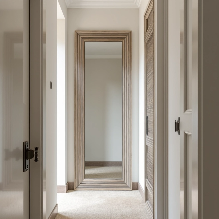 Moldura do espelho combinando com o estilo da decoração do corredor.