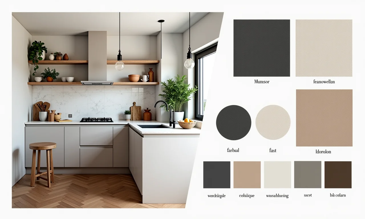 Mood board para reforma de cozinha pequena com paleta de cores e materiais.