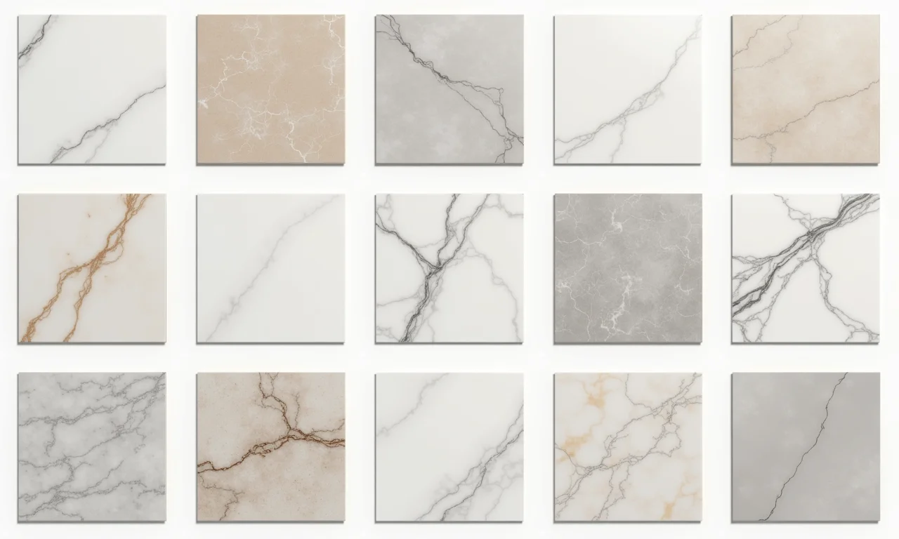 Mostruário de porcelanatos marmorizados em diferentes cores e estilos.