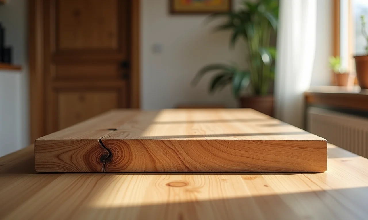 Móveis de madeira maciça com acabamento natural e textura rústica.