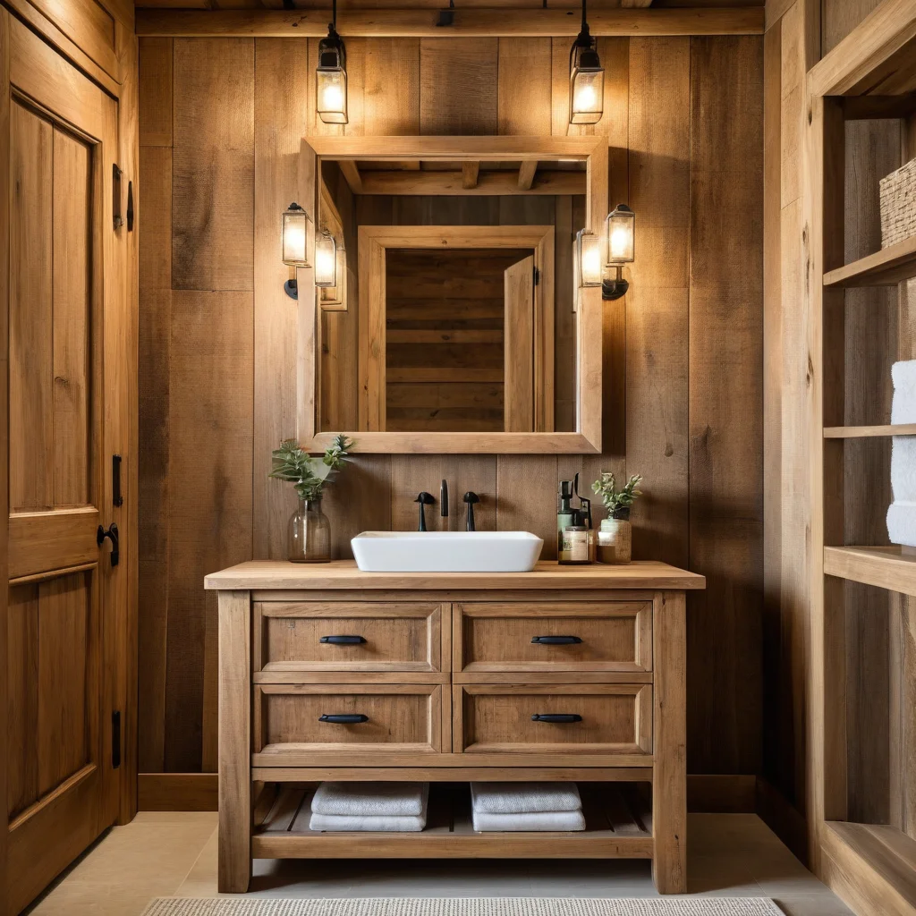 Móveis de madeira que encantam no banheiro rústico, com design artesanal.