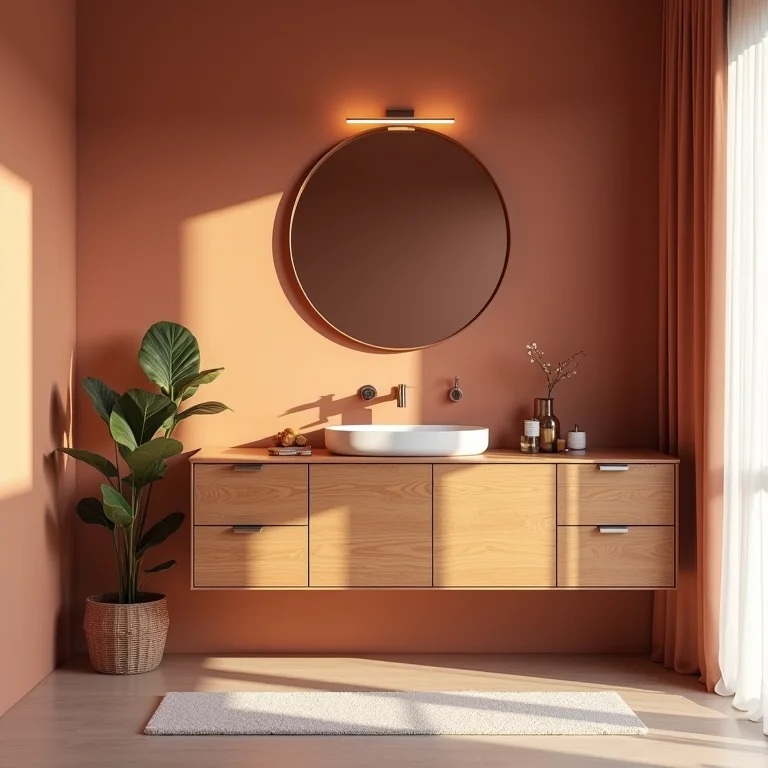 Móveis em banheiro com toques de terracota