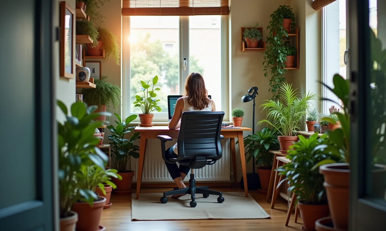 Móveis ergonômicos e funcionais para home office em varanda.