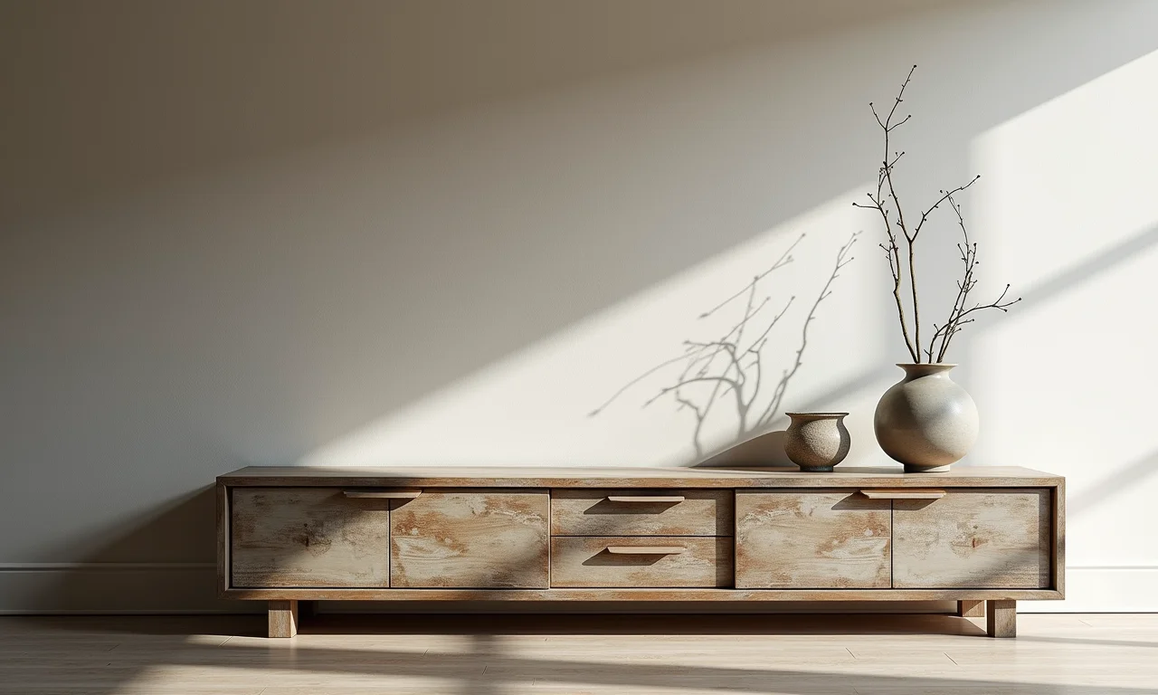 Móvel com pátina e pintura desgastada em estilo wabi-sabi.