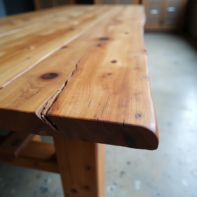 Móvel de madeira rústica em contraste com piso de concreto.