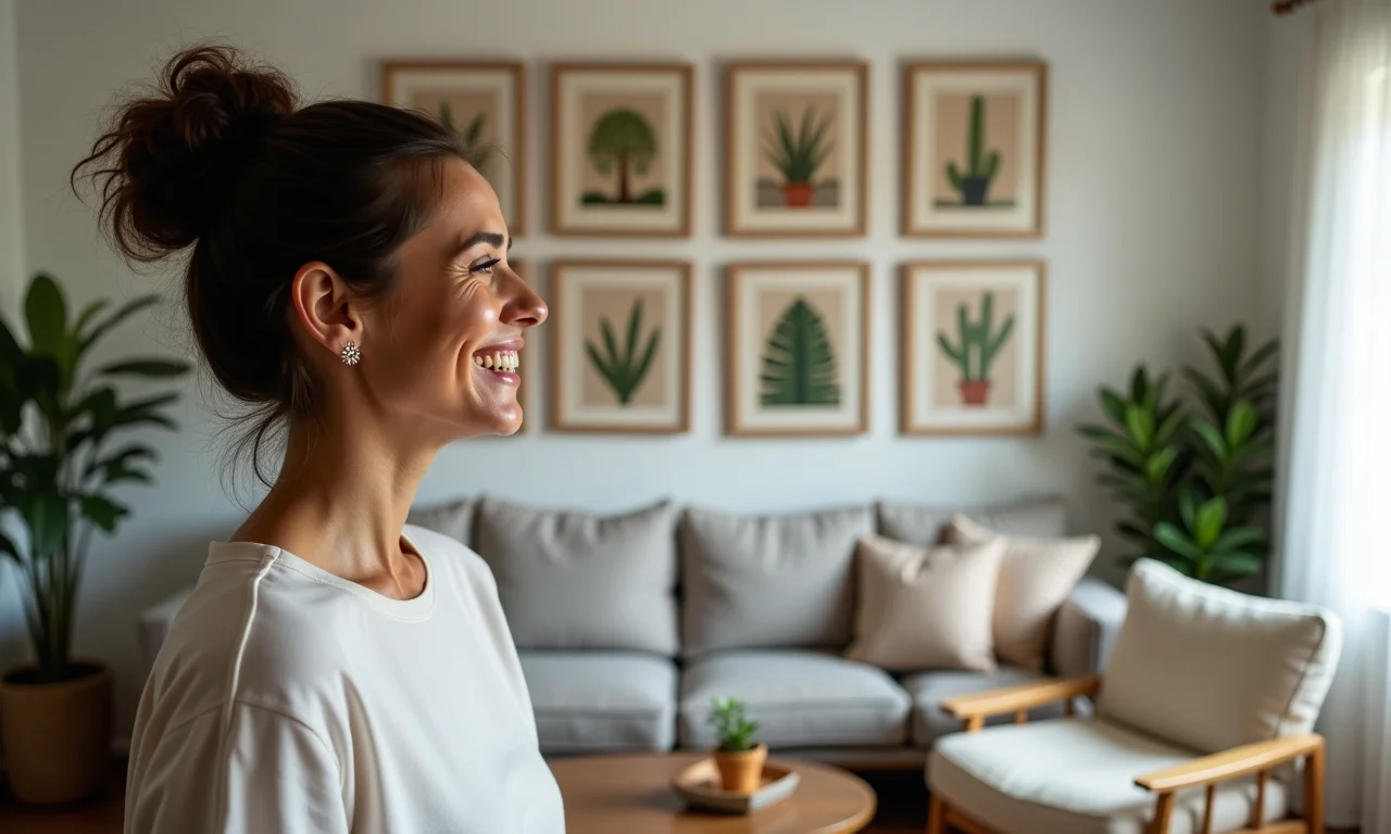 Mulher admirando sua parede de quadros na sala.