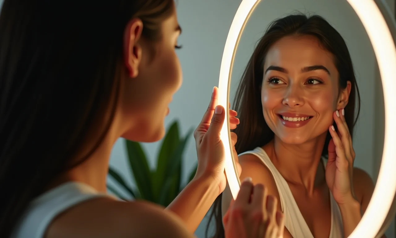 Mulher ajustando a intensidade da luz do espelho de LED.