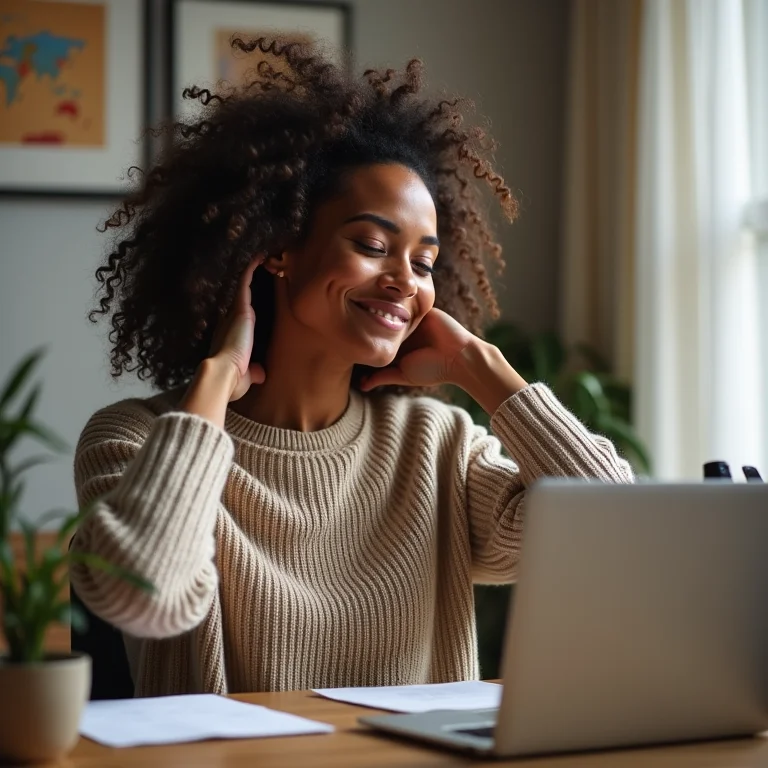 Mulher alongando o corpo em home office pequeno
