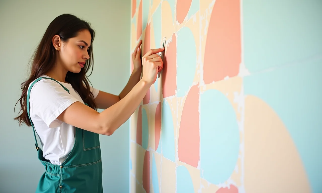 Mulher aplicando papel de parede geométrico, fácil aplicação.