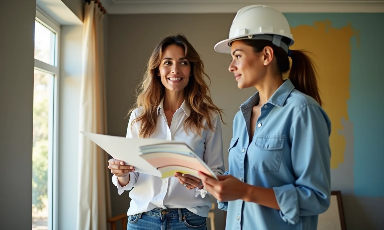 Mulher comparando amostras de tinta e discutindo com um contratante para economizar.