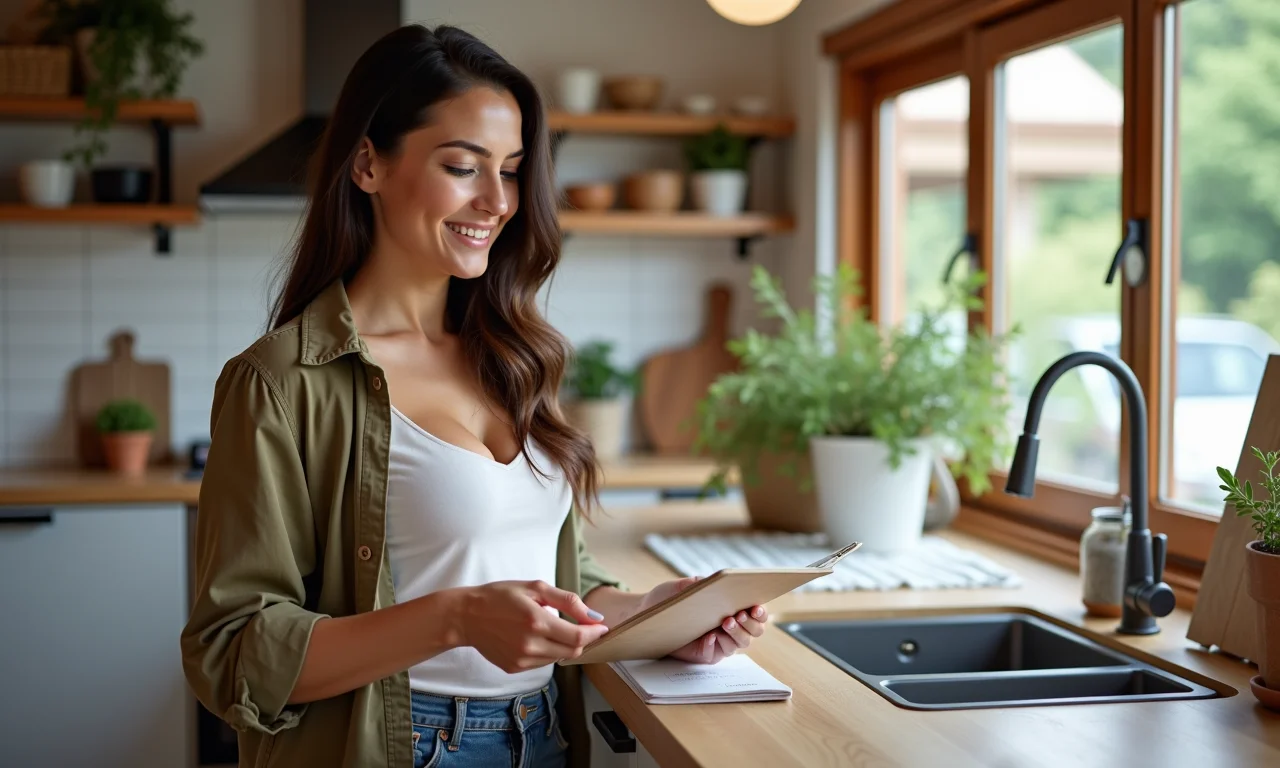 Mulher comprando materiais baratos para reformar cozinha.