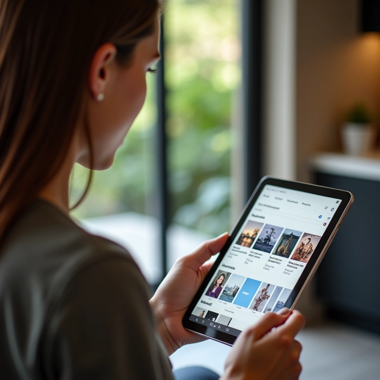 Mulher comprando revestimento Metrô White online em tablet.