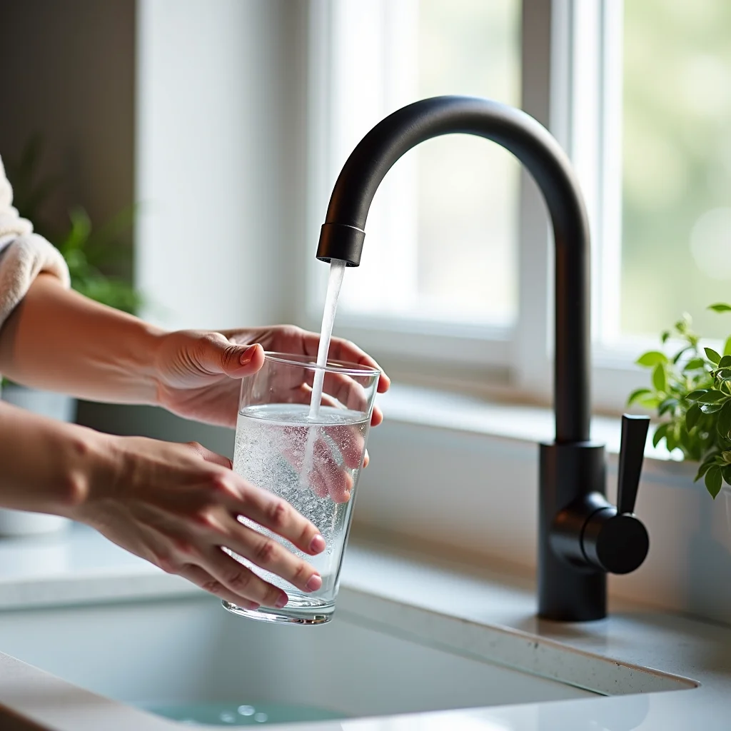 Mulher enchendo copo com água filtrada da torneira.