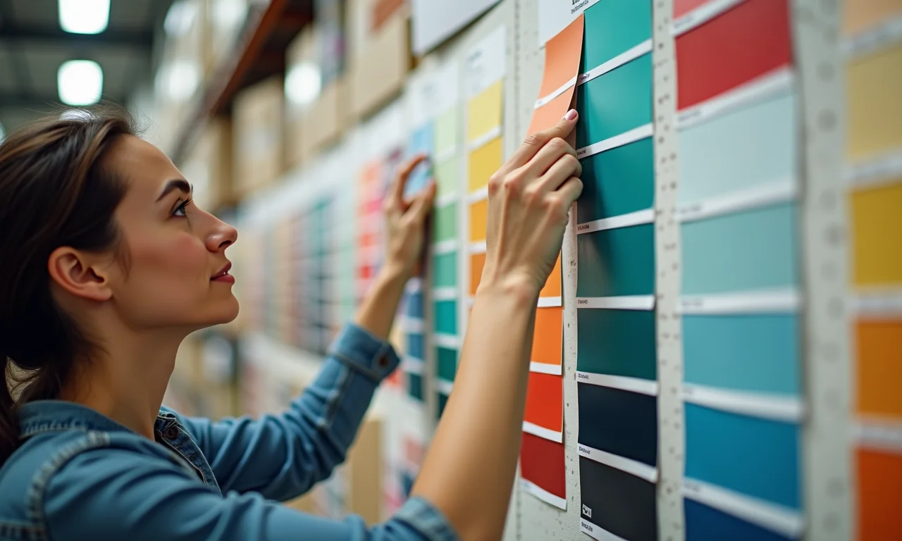 Mulher escolhendo a cor ideal de tinta para o teto em loja de tintas.