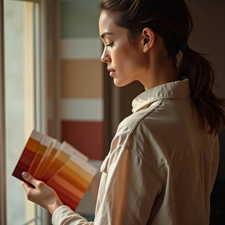Mulher escolhendo a cor ideal para sua cozinha terrosa.