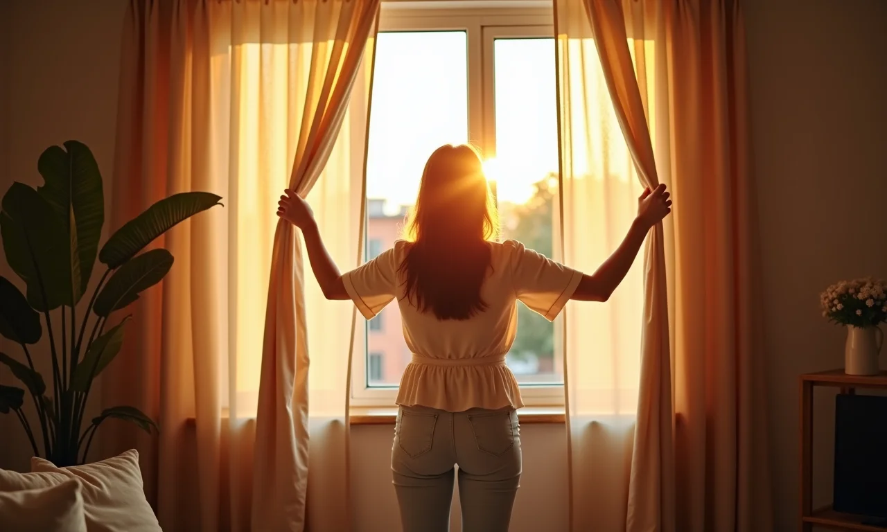 Mulher escolhendo cortina em casa com luz natural.