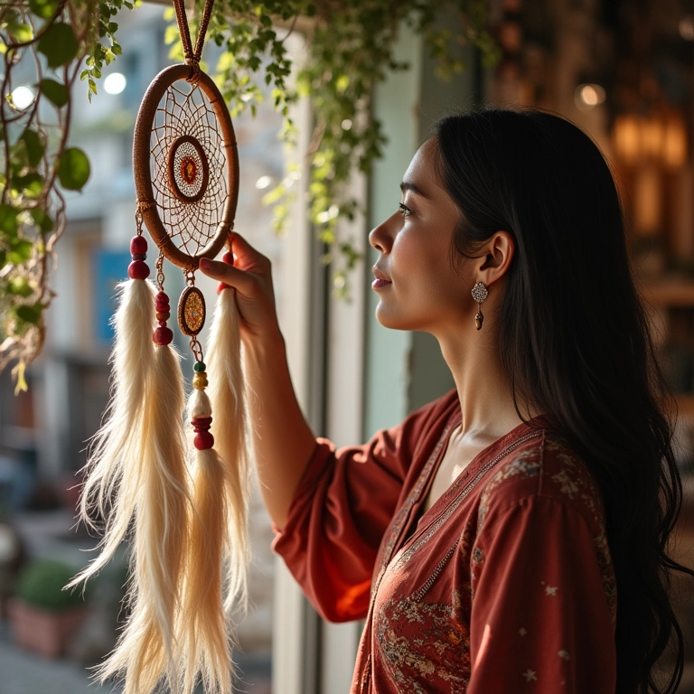 Mulher escolhendo filtro dos sonhos em loja boho.
