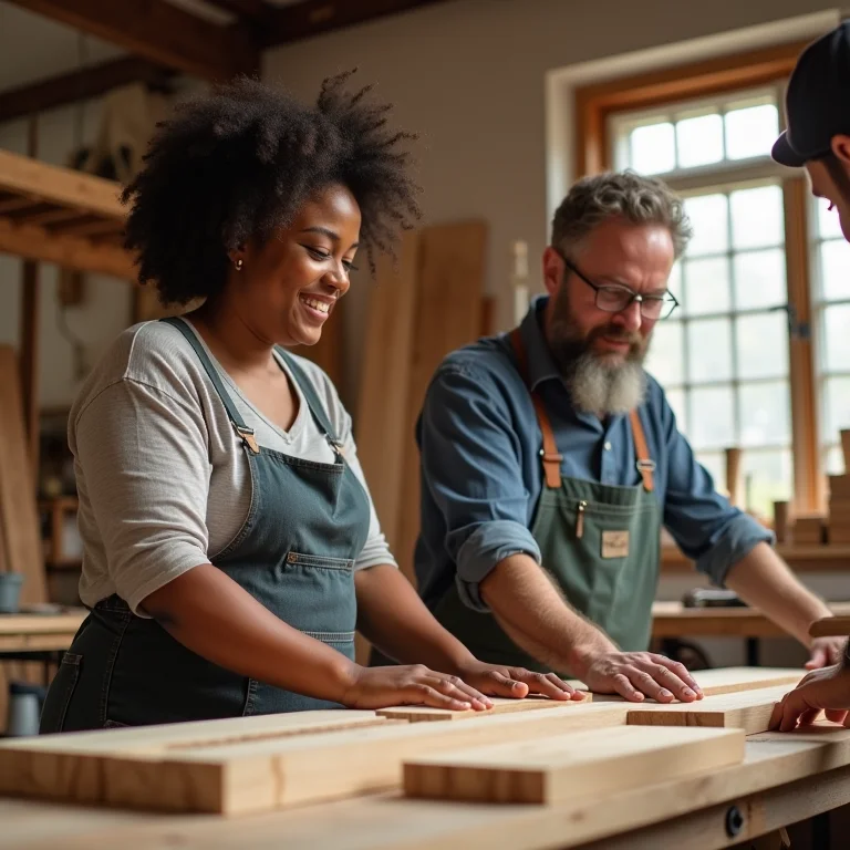 Mulher escolhendo madeira com marceneiro em oficina